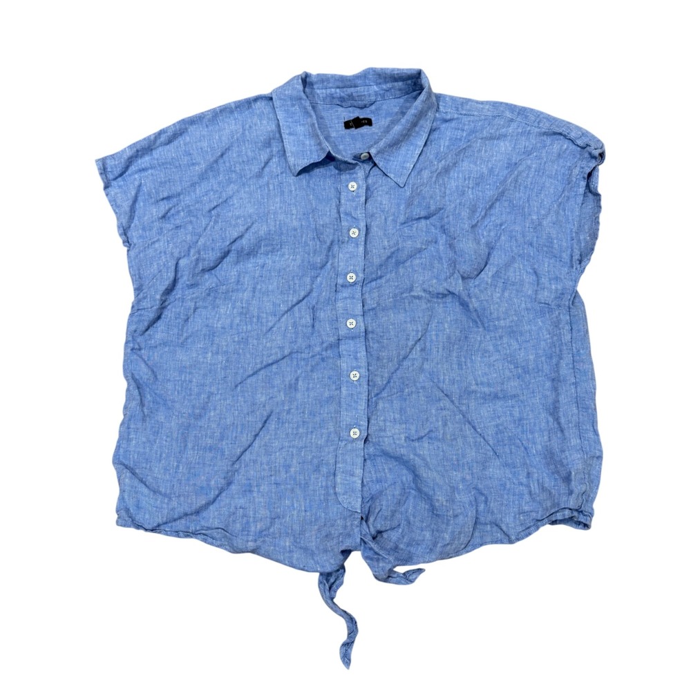 Talbots Blue 100% Linen Tie Front Short Sleeve Button Up Blouse Top XL